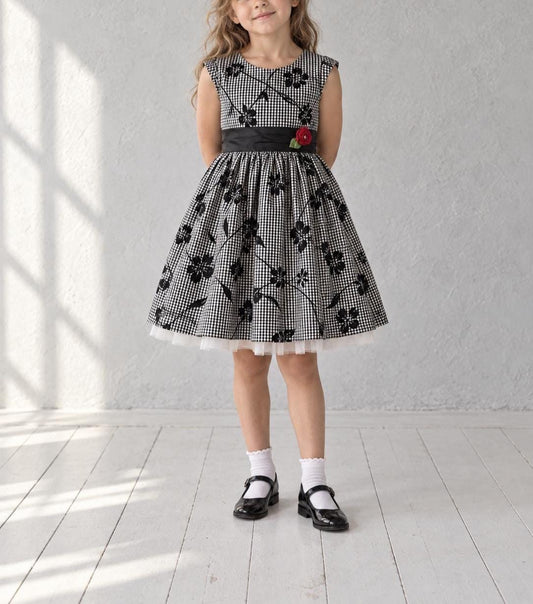 Vintage Girls Party Dress, George Floral Dress Age 5, Black White Check Dress, Velvet Floral Dress, Holiday Dress, Girls Special Occasion