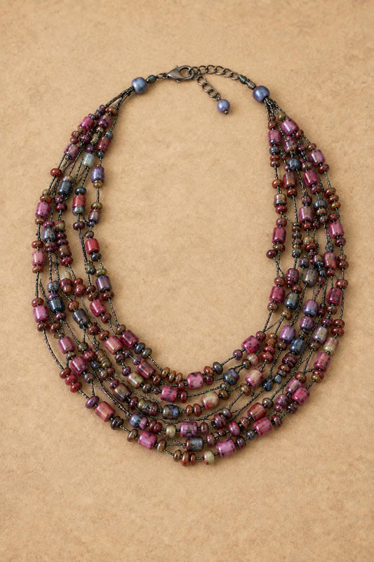 Vintage Multistrand Beaded Necklace, Boho Glass Bead Necklace, Adjustable Statement Necklace, Y2K Jewelry, Colorful Festival Necklace