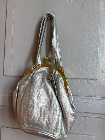 Vintage Silver Kiss Lock Handbag, Metallic Faux Leather Purse, Y2K Shoulder Bag, Retro Evening Bag, Small Women's Handbag