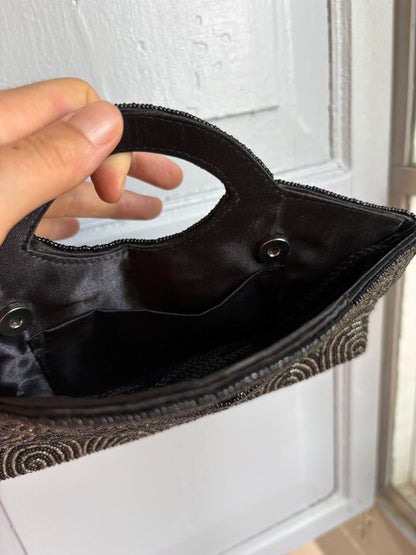 Black Beaded Evening Bag, Vintage Mini Handbag, Top Handle Purse, Y2K Party Bag, Shoulder Bag, Cocktail Clutch