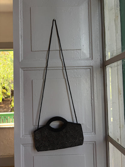 Black Beaded Evening Bag, Vintage Mini Handbag, Top Handle Purse, Y2K Party Bag, Shoulder Bag, Cocktail Clutch