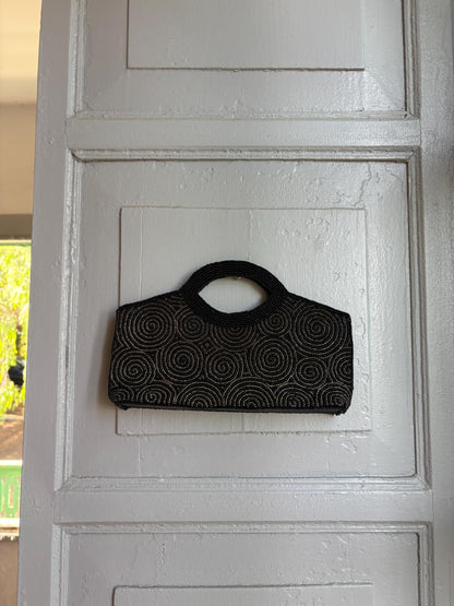 Black Beaded Evening Bag, Vintage Mini Handbag, Top Handle Purse, Y2K Party Bag, Shoulder Bag, Cocktail Clutch