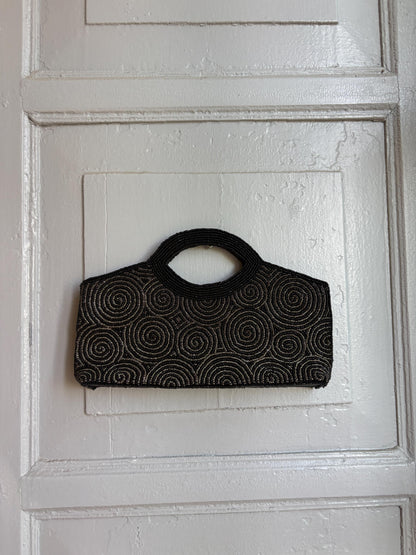 Black Beaded Evening Bag, Vintage Mini Handbag, Top Handle Purse, Y2K Party Bag, Shoulder Bag, Cocktail Clutch