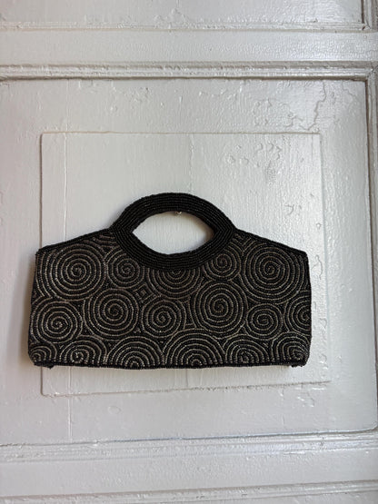 Black Beaded Evening Bag, Vintage Mini Handbag, Top Handle Purse, Y2K Party Bag, Shoulder Bag, Cocktail Clutch