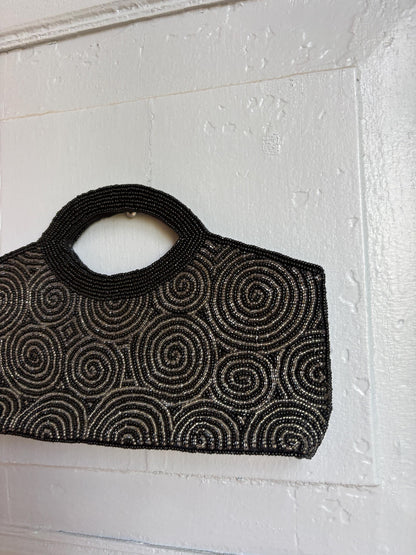Black Beaded Evening Bag, Vintage Mini Handbag, Top Handle Purse, Y2K Party Bag, Shoulder Bag, Cocktail Clutch