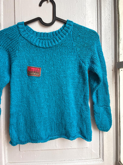 Handmade Knitted Jumper & Beanie Set, Vintage Grandma Knit, Bright Blue Sweater, Children's Winter Outfit, Cozy Retro Knitwear