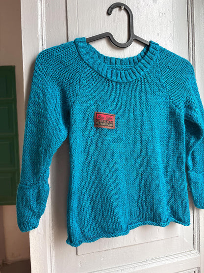 Handmade Knitted Jumper & Beanie Set, Vintage Grandma Knit, Bright Blue Sweater, Children's Winter Outfit, Cozy Retro Knitwear