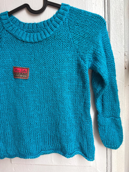 Handmade Knitted Jumper & Beanie Set, Vintage Grandma Knit, Bright Blue Sweater, Children's Winter Outfit, Cozy Retro Knitwear