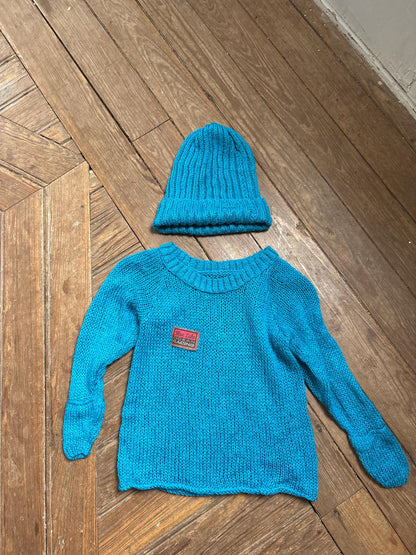Handmade Knitted Jumper & Beanie Set, Vintage Grandma Knit, Bright Blue Sweater, Children's Winter Outfit, Cozy Retro Knitwear
