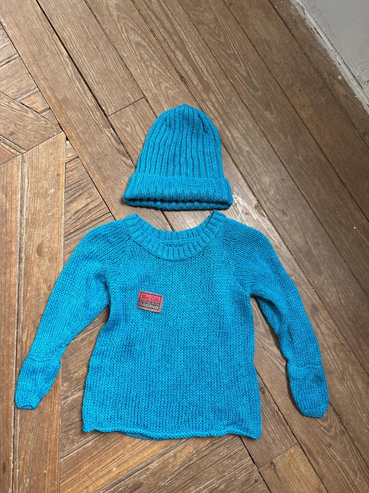 Handmade Knitted Jumper & Beanie Set, Vintage Grandma Knit, Bright Blue Sweater, Children's Winter Outfit, Cozy Retro Knitwear