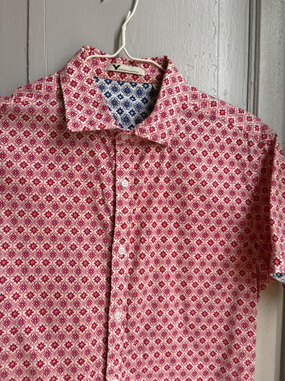 Colourful Men's Geometric Print Shirt, Cotton Stretch Button Down, Retro Pattern Shirt, Casual Summer Shirt, Size M