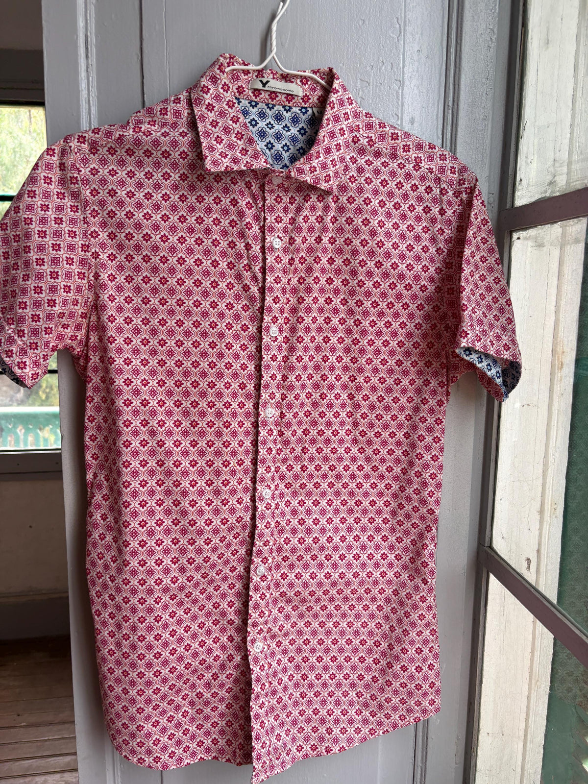 Colourful Men's Geometric Print Shirt, Cotton Stretch Button Down, Retro Pattern Shirt, Casual Summer Shirt, Size M