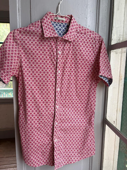 Colourful Men's Geometric Print Shirt, Cotton Stretch Button Down, Retro Pattern Shirt, Casual Summer Shirt, Size M