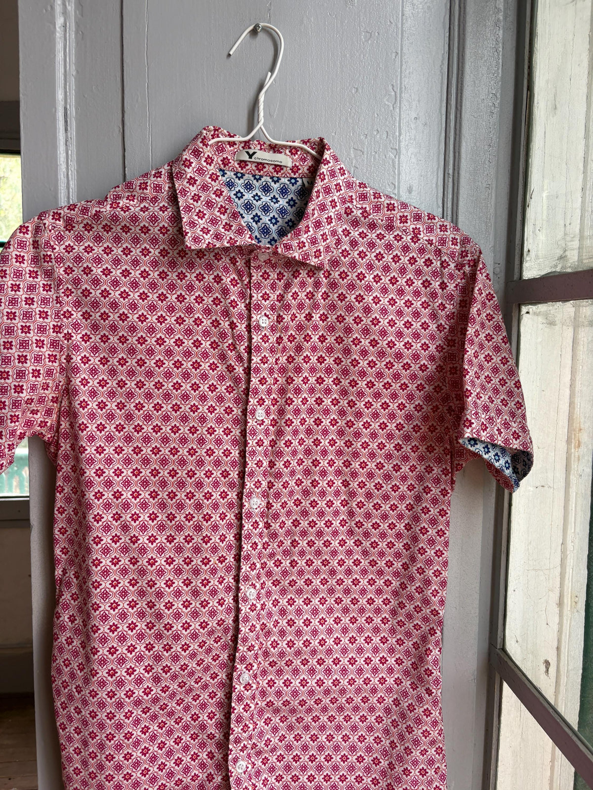 Colourful Men's Geometric Print Shirt, Cotton Stretch Button Down, Retro Pattern Shirt, Casual Summer Shirt, Size M