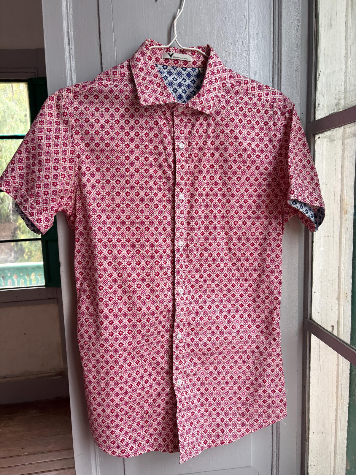 Colourful Men's Geometric Print Shirt, Cotton Stretch Button Down, Retro Pattern Shirt, Casual Summer Shirt, Size M