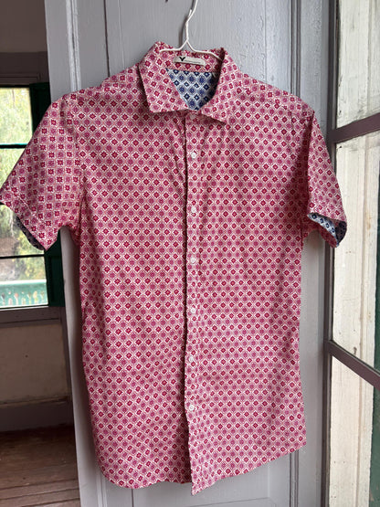 Colourful Men's Geometric Print Shirt, Cotton Stretch Button Down, Retro Pattern Shirt, Casual Summer Shirt, Size M