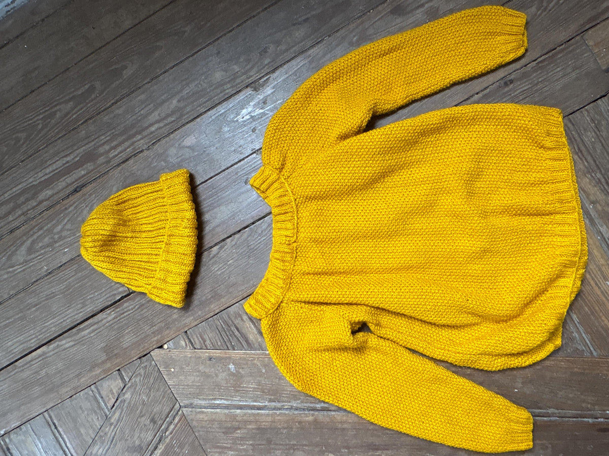 Handmade Mustard Yellow Knitted Jumper & Beanie Set, Vintage Children's Knitwear, Grandma Knit Sweater, Cozy Winter Outfit