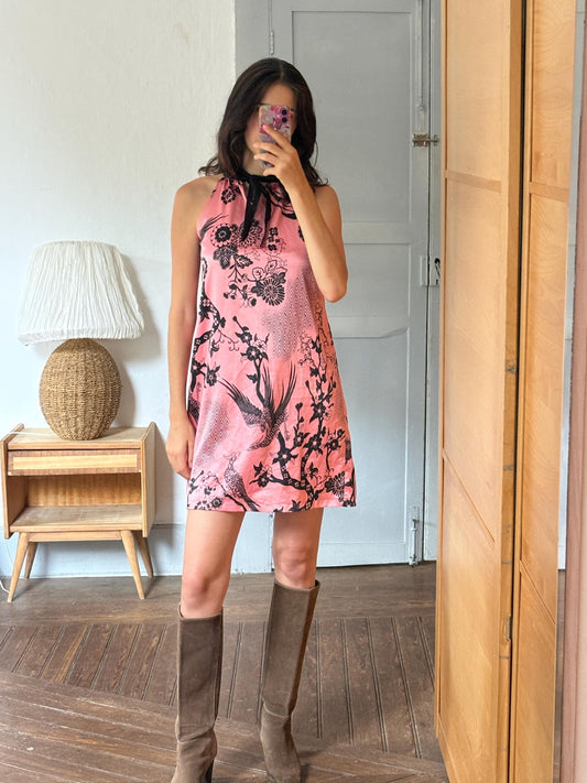 Vintage Pink Oriental Halter Dress, Made in Spain, Y2K Floral Bird Print Dress, Satin Party Dress, Japanese Inspired Mini Dress, Size S-M