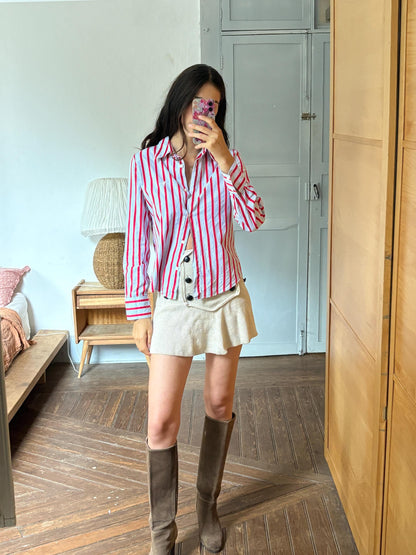 Red & Blue Candy Stripe Cotton Shirt, Equestrian Style Button Up, Embroidered Horse Blouse, Preppy Vintage Shirt, Women's M-L