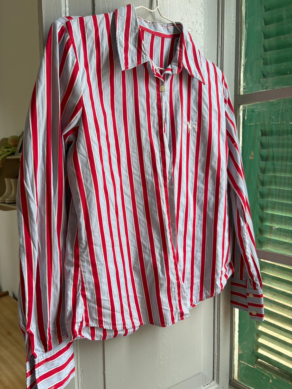 Red & Blue Candy Stripe Cotton Shirt, Equestrian Style Button Up, Embroidered Horse Blouse, Preppy Vintage Shirt, Women's M-L