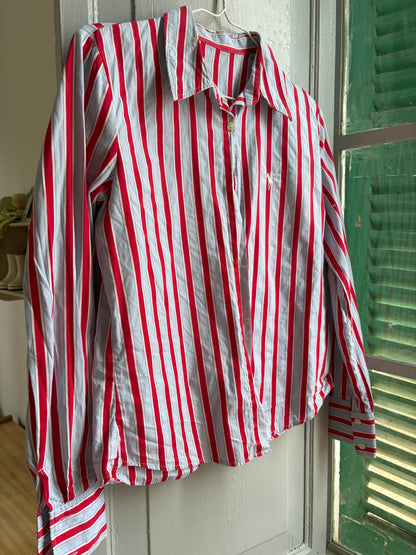 Red & Blue Candy Stripe Cotton Shirt, Equestrian Style Button Up, Embroidered Horse Blouse, Preppy Vintage Shirt, Women's M-L