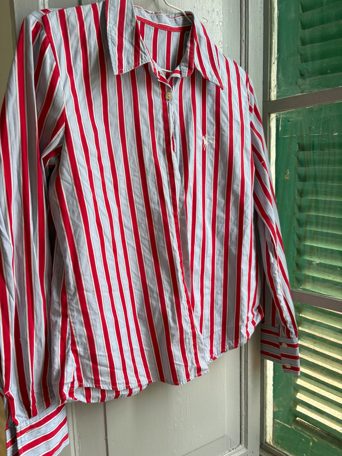 Red & Blue Candy Stripe Cotton Shirt, Equestrian Style Button Up, Embroidered Horse Blouse, Preppy Vintage Shirt, Women's M-L