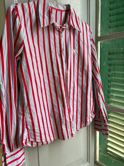 Red & Blue Candy Stripe Cotton Shirt, Equestrian Style Button Up, Embroidered Horse Blouse, Preppy Vintage Shirt, Women's M-L