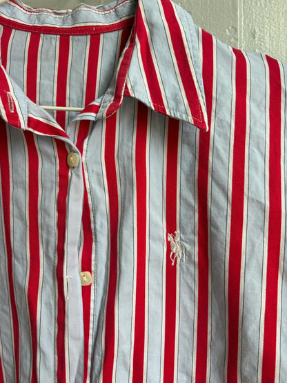 Red & Blue Candy Stripe Cotton Shirt, Equestrian Style Button Up, Embroidered Horse Blouse, Preppy Vintage Shirt, Women's M-L