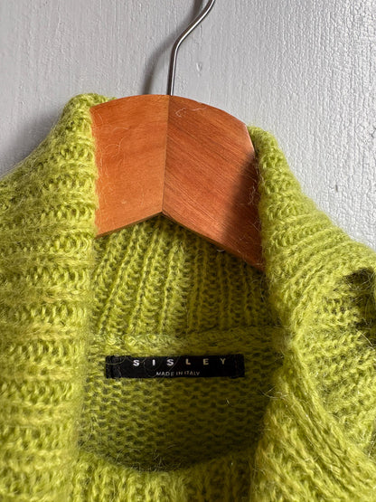 Sisley Lime Green Mohair Blend Turtleneck Sweater, Made in Italy, Y2K Fitted Knit, Pistachio Green Jumper