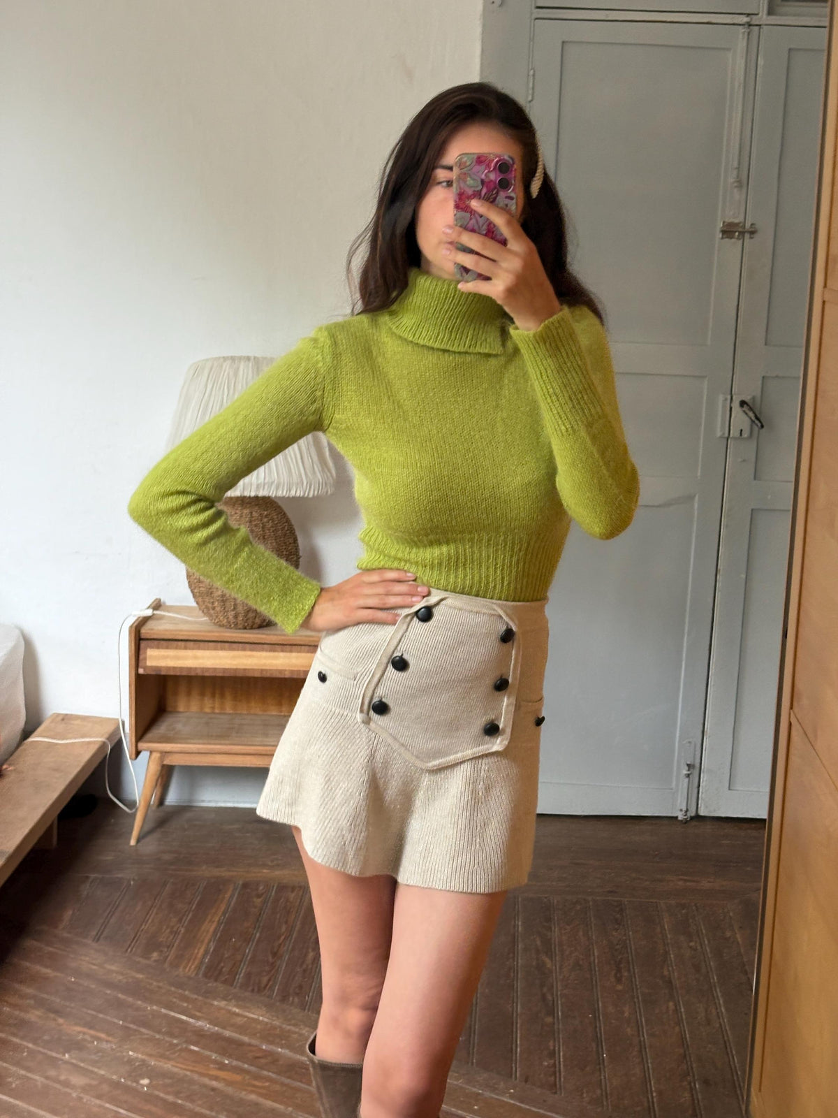 Sisley Lime Green Mohair Blend Turtleneck Sweater, Made in Italy, Y2K Fitted Knit, Pistachio Green Jumper