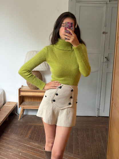 Sisley Lime Green Mohair Blend Turtleneck Sweater, Made in Italy, Y2K Fitted Knit, Pistachio Green Jumper