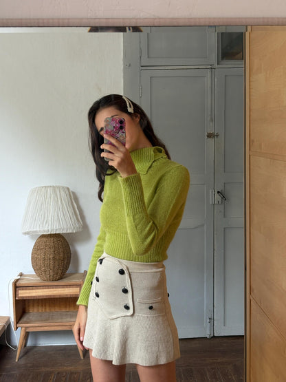 Sisley Lime Green Mohair Blend Turtleneck Sweater, Made in Italy, Y2K Fitted Knit, Pistachio Green Jumper