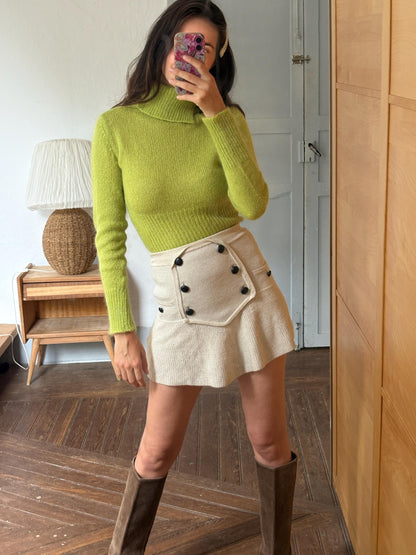 Sisley Lime Green Mohair Blend Turtleneck Sweater, Made in Italy, Y2K Fitted Knit, Pistachio Green Jumper