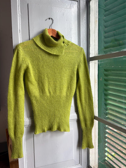 Sisley Lime Green Mohair Blend Turtleneck Sweater, Made in Italy, Y2K Fitted Knit, Pistachio Green Jumper