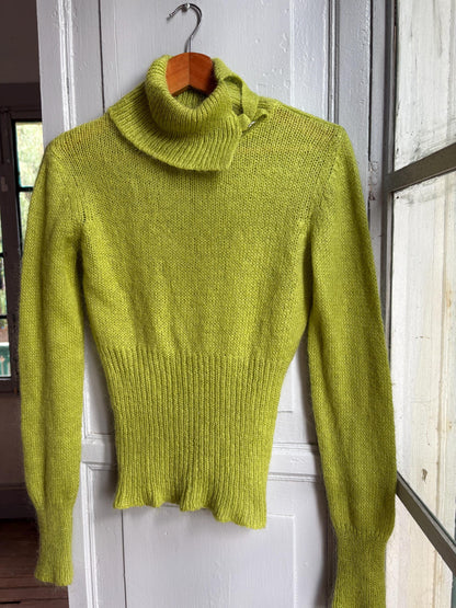 Sisley Lime Green Mohair Blend Turtleneck Sweater, Made in Italy, Y2K Fitted Knit, Pistachio Green Jumper