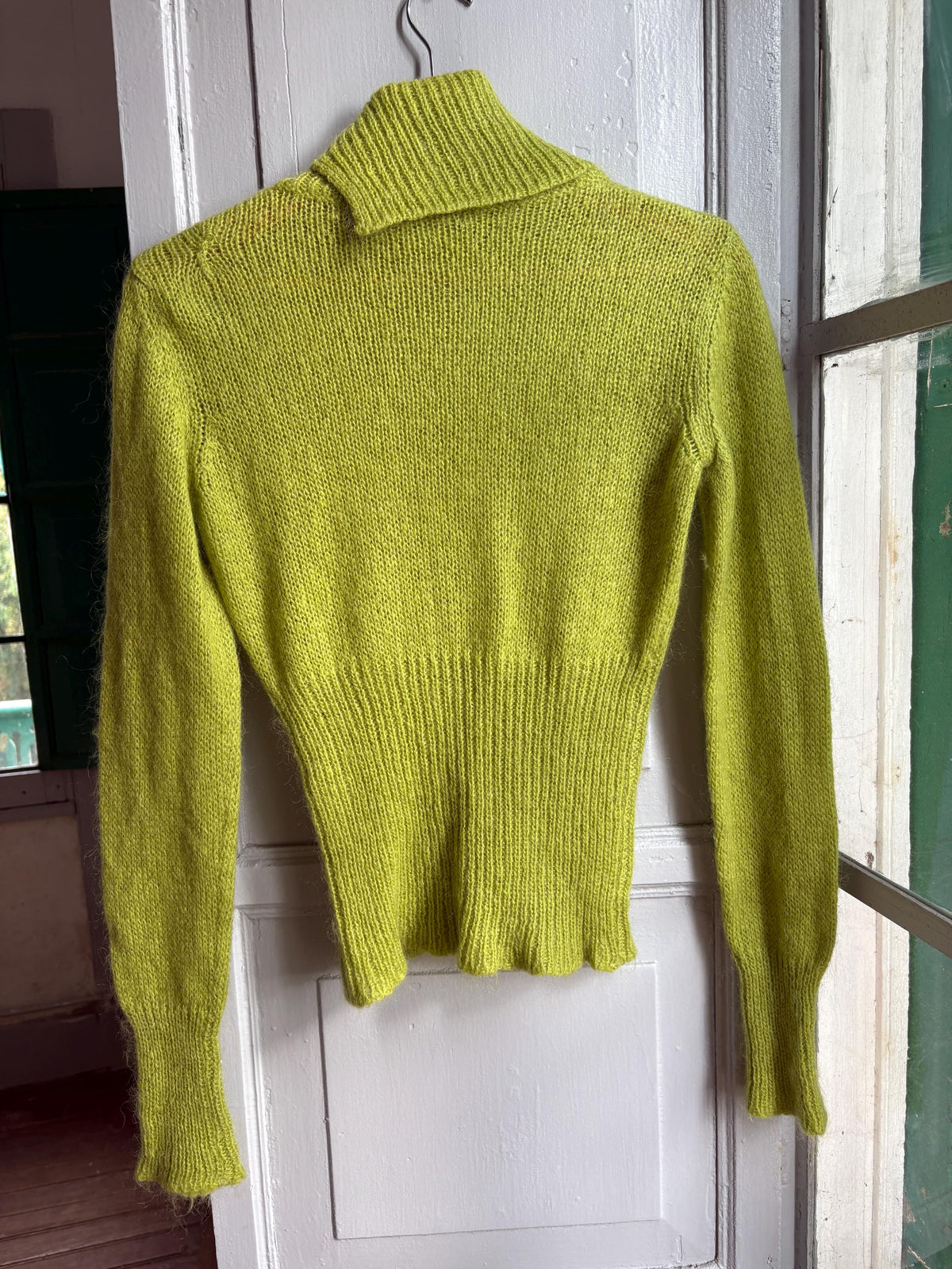 Sisley Lime Green Mohair Blend Turtleneck Sweater, Made in Italy, Y2K Fitted Knit, Pistachio Green Jumper