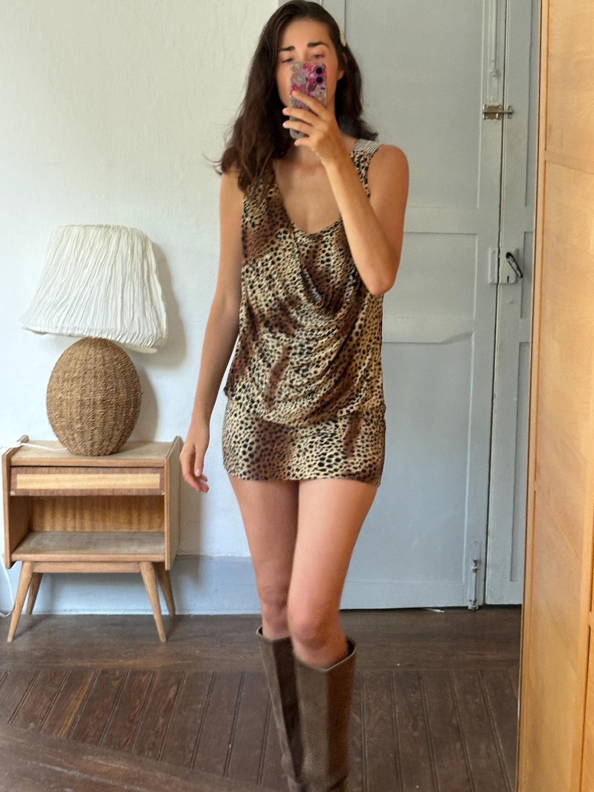 Y2K Leopard Print Cowl Neck Mini Dress, Made in France, Animal Print Bodycon Dress, 2000s Party Dress, Going Out Dress, Mob Wife Aesthetic