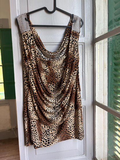 Y2K Leopard Print Cowl Neck Mini Dress, Made in France, Animal Print Bodycon Dress, 2000s Party Dress, Going Out Dress, Mob Wife Aesthetic