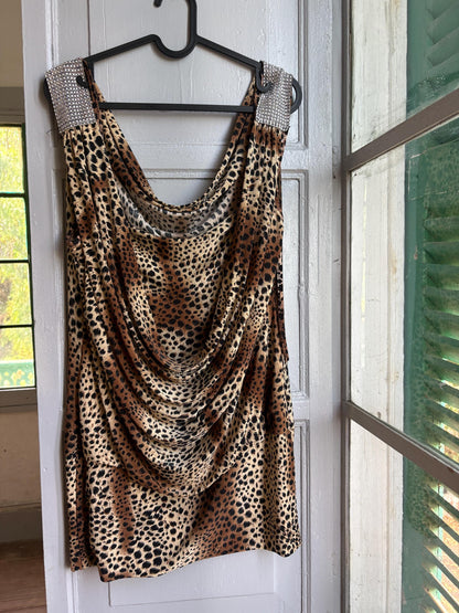 Y2K Leopard Print Cowl Neck Mini Dress, Made in France, Animal Print Bodycon Dress, 2000s Party Dress, Going Out Dress, Mob Wife Aesthetic