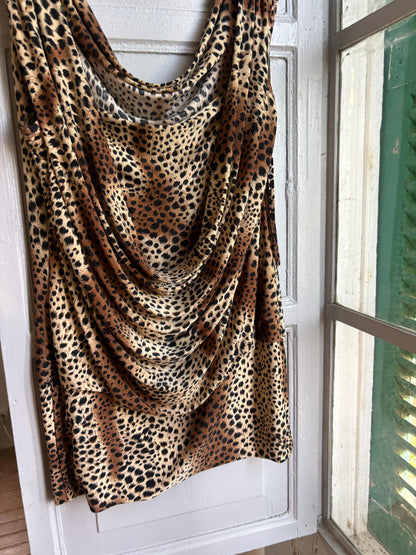 Y2K Leopard Print Cowl Neck Mini Dress, Made in France, Animal Print Bodycon Dress, 2000s Party Dress, Going Out Dress, Mob Wife Aesthetic
