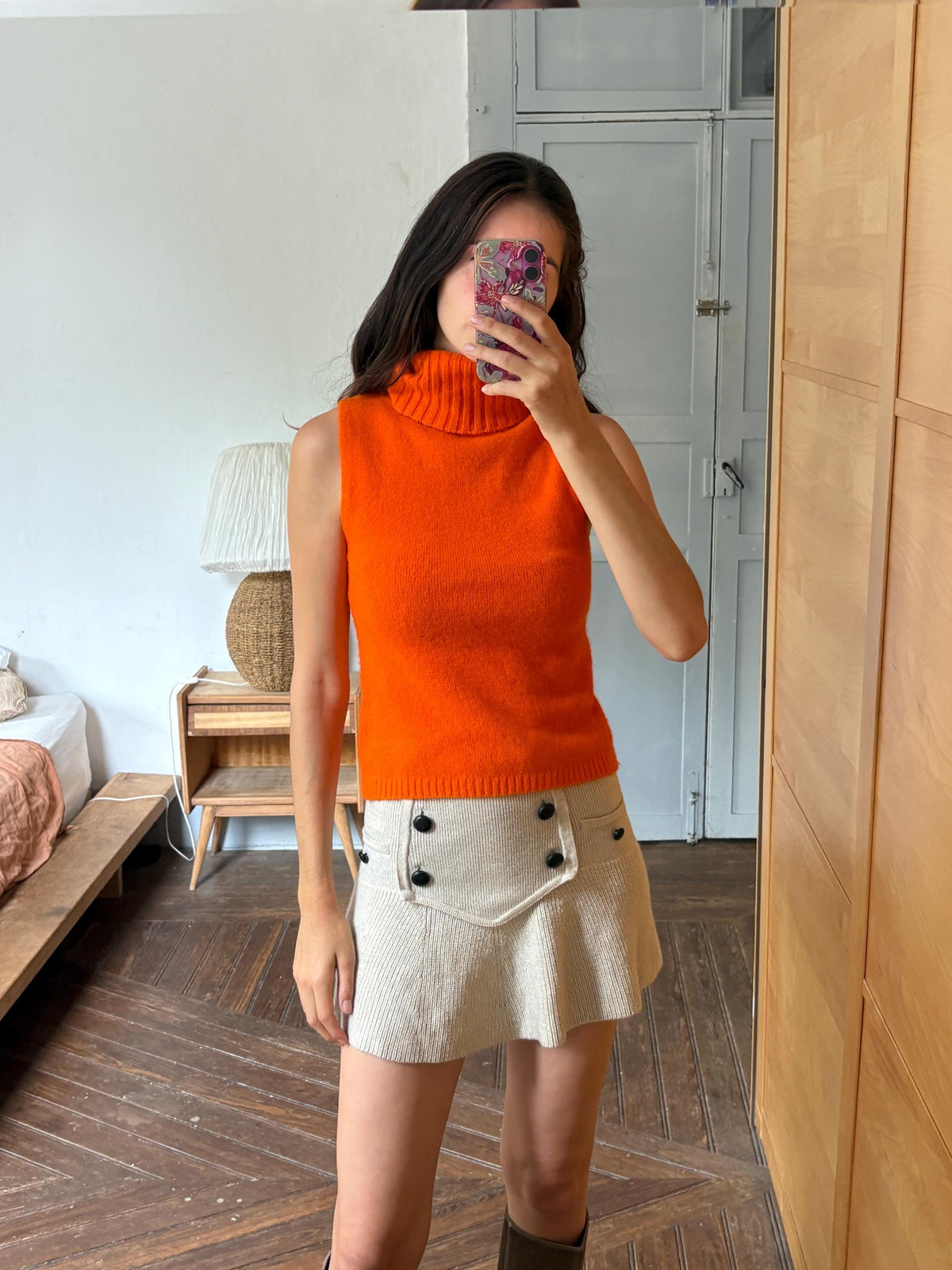 Y2K Orange Angora Turtleneck Tank Top, Soft Knit Sleeveless Sweater, Bright Pumpkin Orange Mock Neck Top, 2000s Minimalist Knit