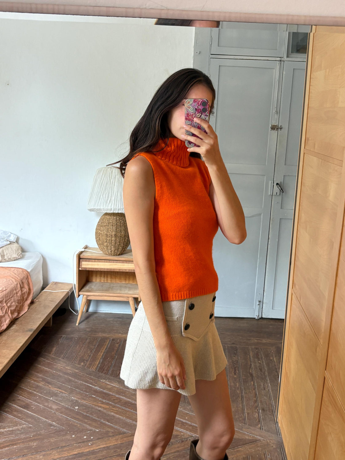 Y2K Orange Angora Turtleneck Tank Top, Soft Knit Sleeveless Sweater, Bright Pumpkin Orange Mock Neck Top, 2000s Minimalist Knit