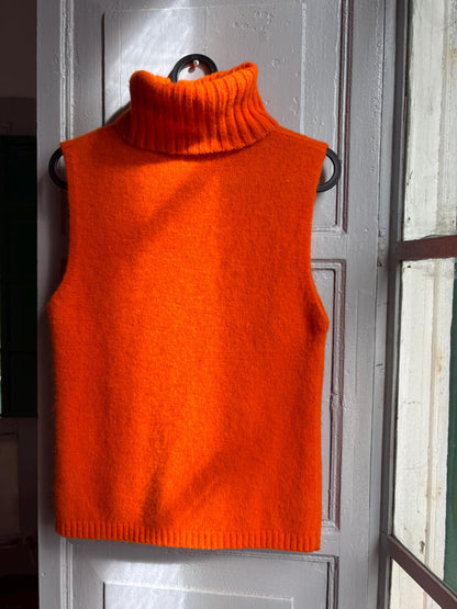 Y2K Orange Angora Turtleneck Tank Top, Soft Knit Sleeveless Sweater, Bright Pumpkin Orange Mock Neck Top, 2000s Minimalist Knit