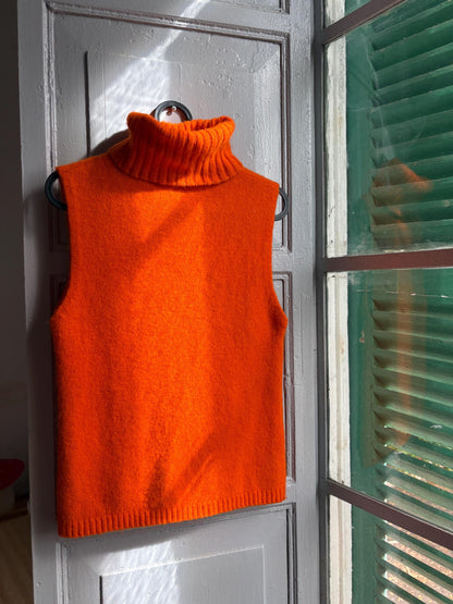 Y2K Orange Angora Turtleneck Tank Top, Soft Knit Sleeveless Sweater, Bright Pumpkin Orange Mock Neck Top, 2000s Minimalist Knit