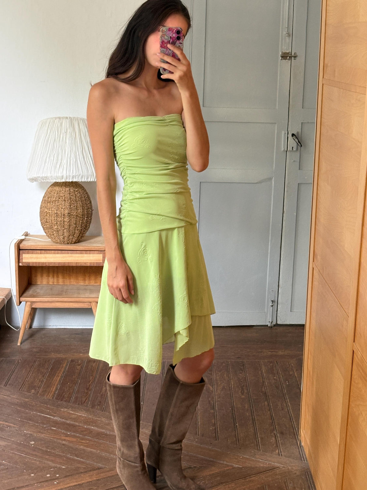 Y2K Lime Green Strapless Dress, Fairycore Mini Midi Dress, Ruched Tube Dress, Floral Textured Dress, 2000s Party Dress, Fairy Grunge