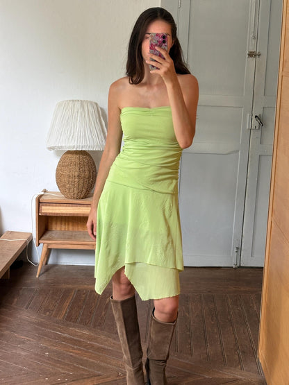 Y2K Lime Green Strapless Dress, Fairycore Mini Midi Dress, Ruched Tube Dress, Floral Textured Dress, 2000s Party Dress, Fairy Grunge