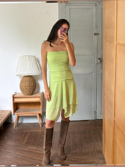 Y2K Lime Green Strapless Dress, Fairycore Mini Midi Dress, Ruched Tube Dress, Floral Textured Dress, 2000s Party Dress, Fairy Grunge