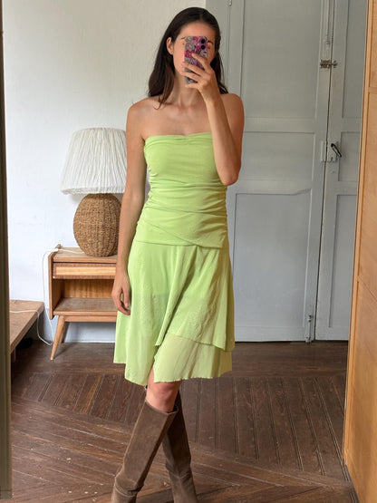 Y2K Lime Green Strapless Dress, Fairycore Mini Midi Dress, Ruched Tube Dress, Floral Textured Dress, 2000s Party Dress, Fairy Grunge