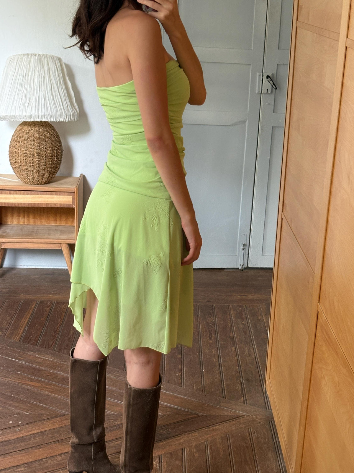 Y2K Lime Green Strapless Dress, Fairycore Mini Midi Dress, Ruched Tube Dress, Floral Textured Dress, 2000s Party Dress, Fairy Grunge