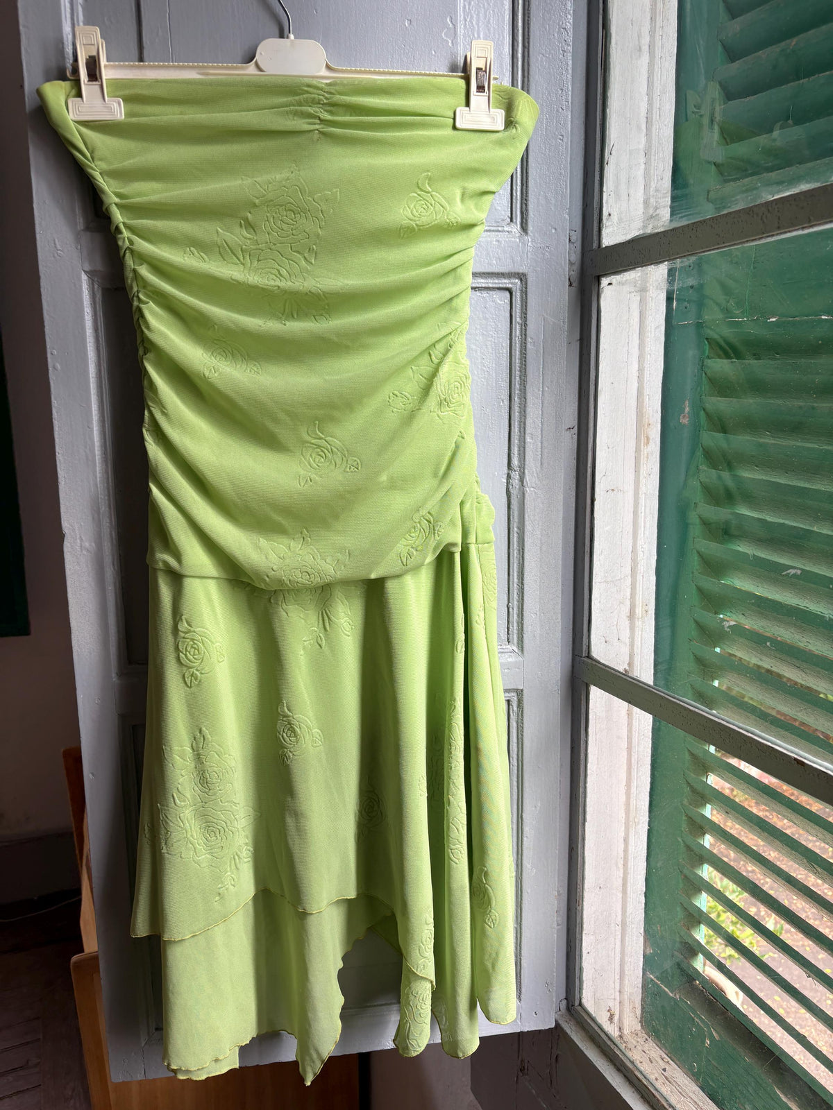 Y2K Lime Green Strapless Dress, Fairycore Mini Midi Dress, Ruched Tube Dress, Floral Textured Dress, 2000s Party Dress, Fairy Grunge